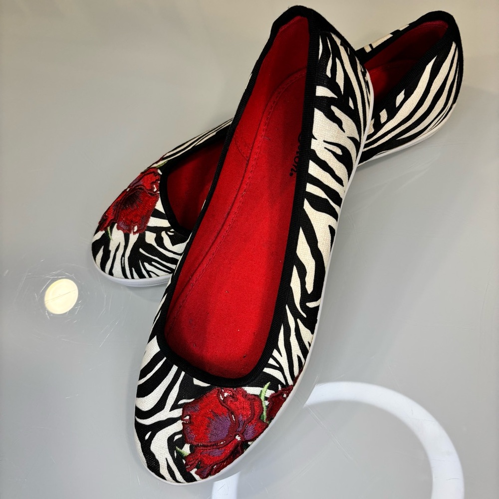 Brighton Zebra Print Flats with Red Floral Detail
